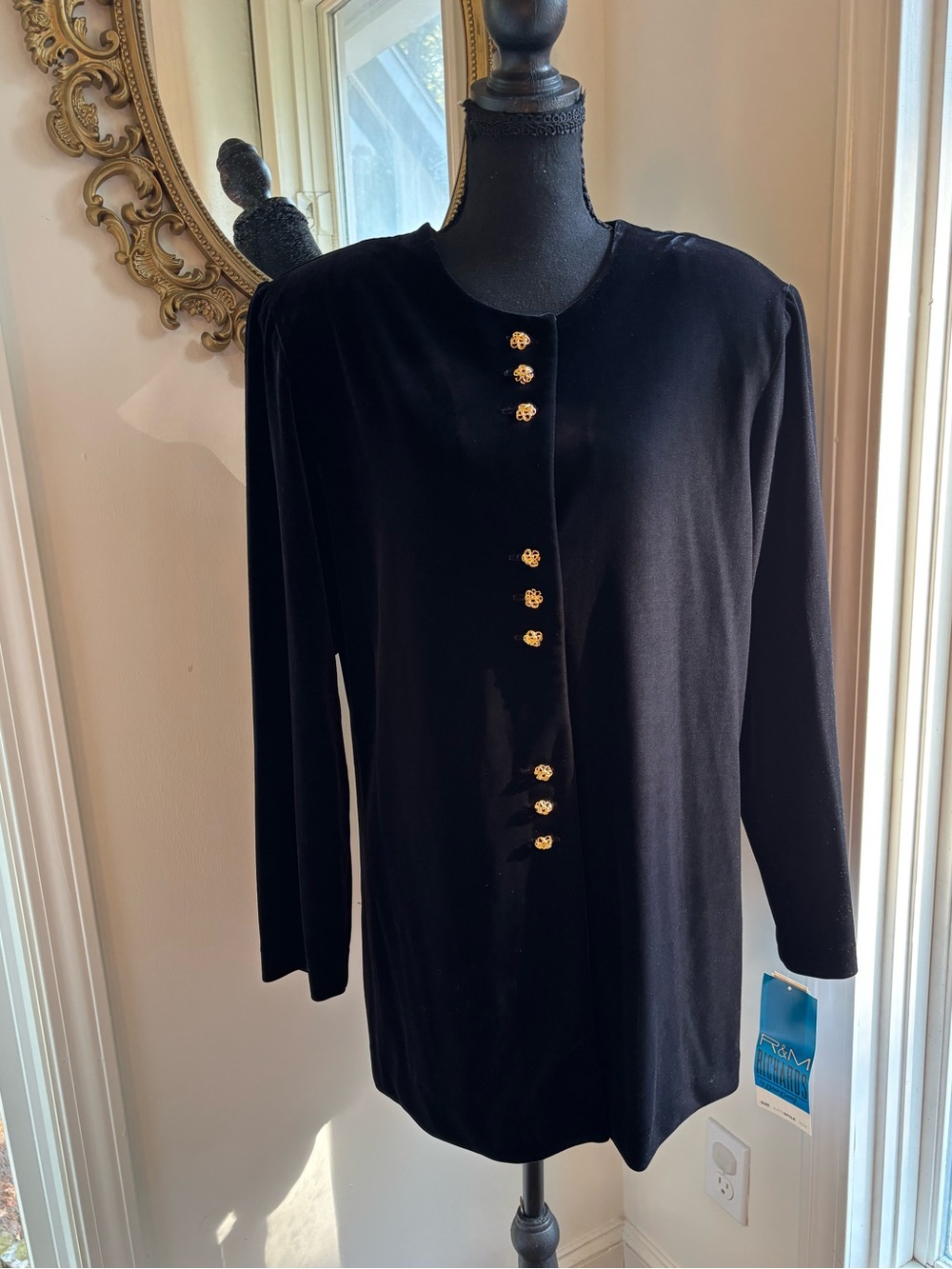 Vintage 90s Karen Wong Black Velvet Longline Shoulder Pad Blazer Tunic Size 16